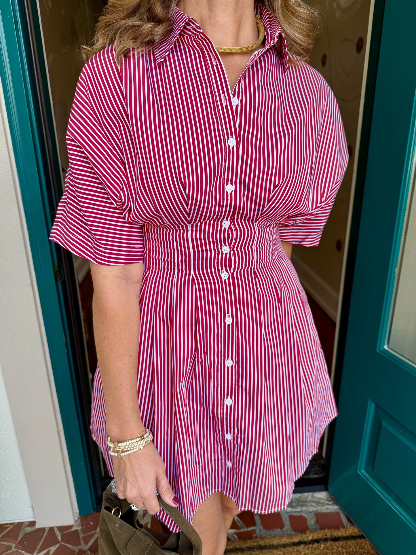 Red Striped Pleated Dress