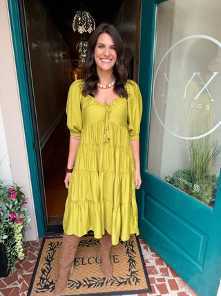 Chartreuse Tiered Midi Dress