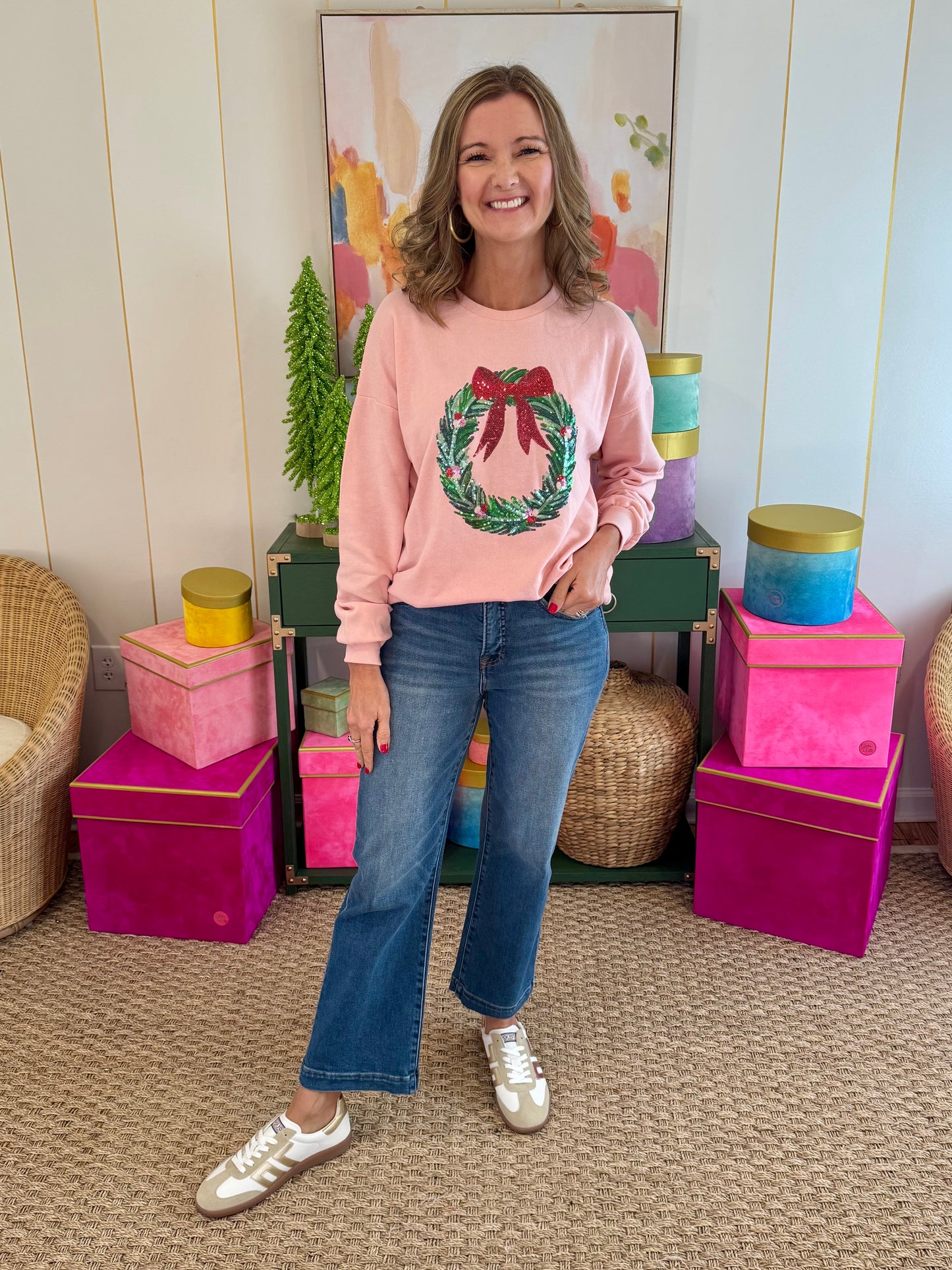 Pink Clara Wreath Sequin Sweatshirt
