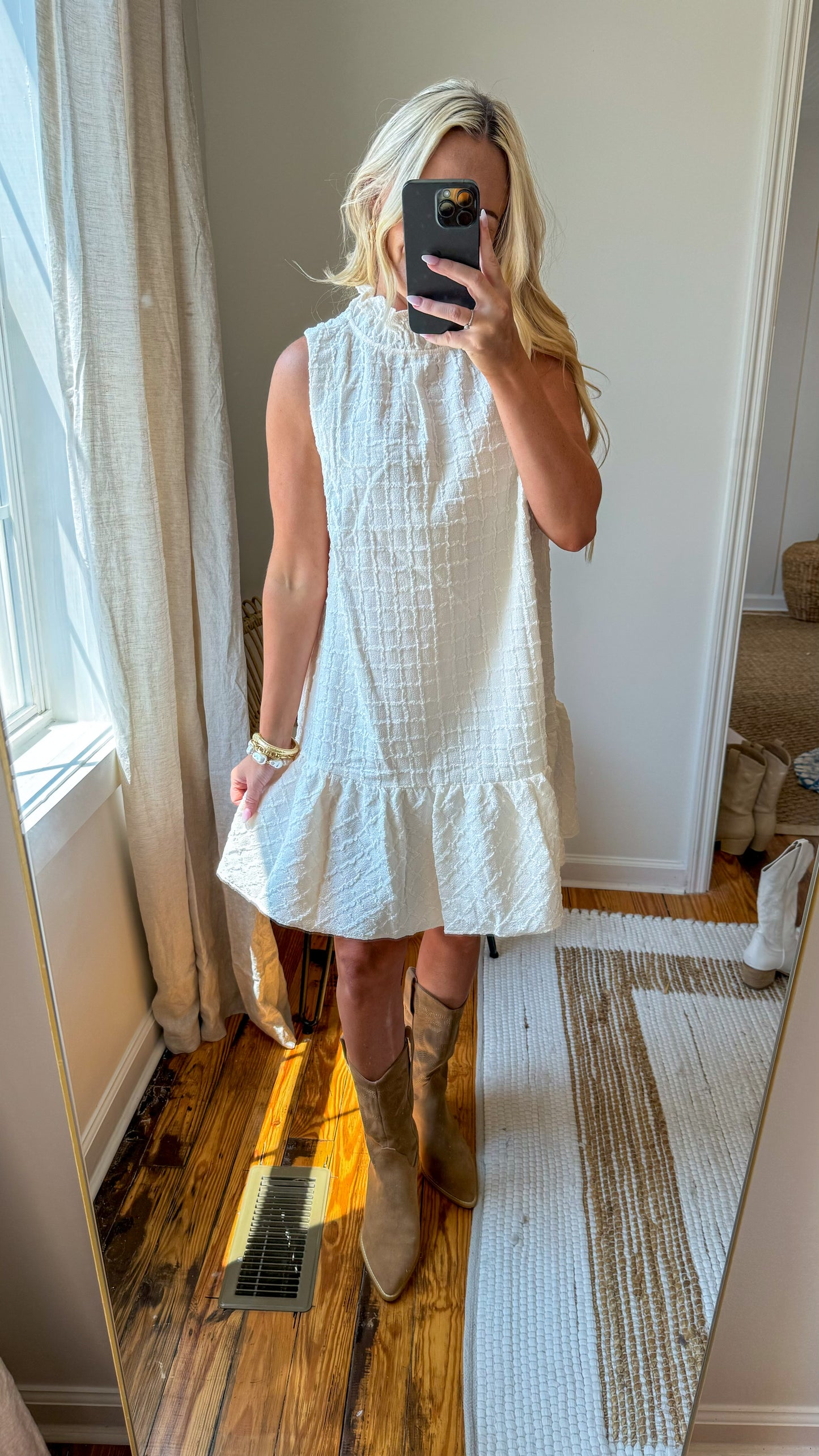 Cream Textured Sleeveless Dress