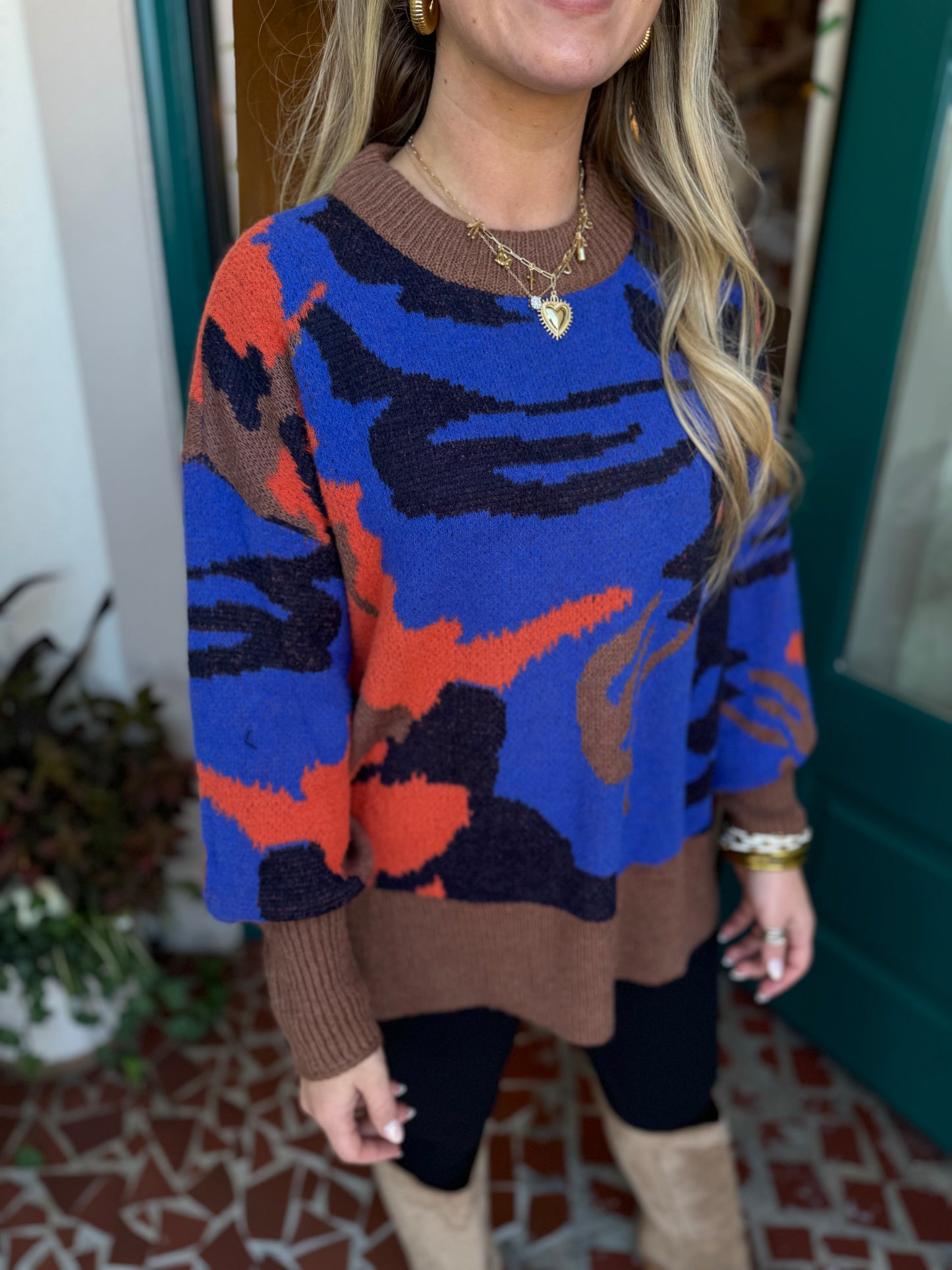 Toffee Multicolor Print Bubble Sleeve Knit Pullover