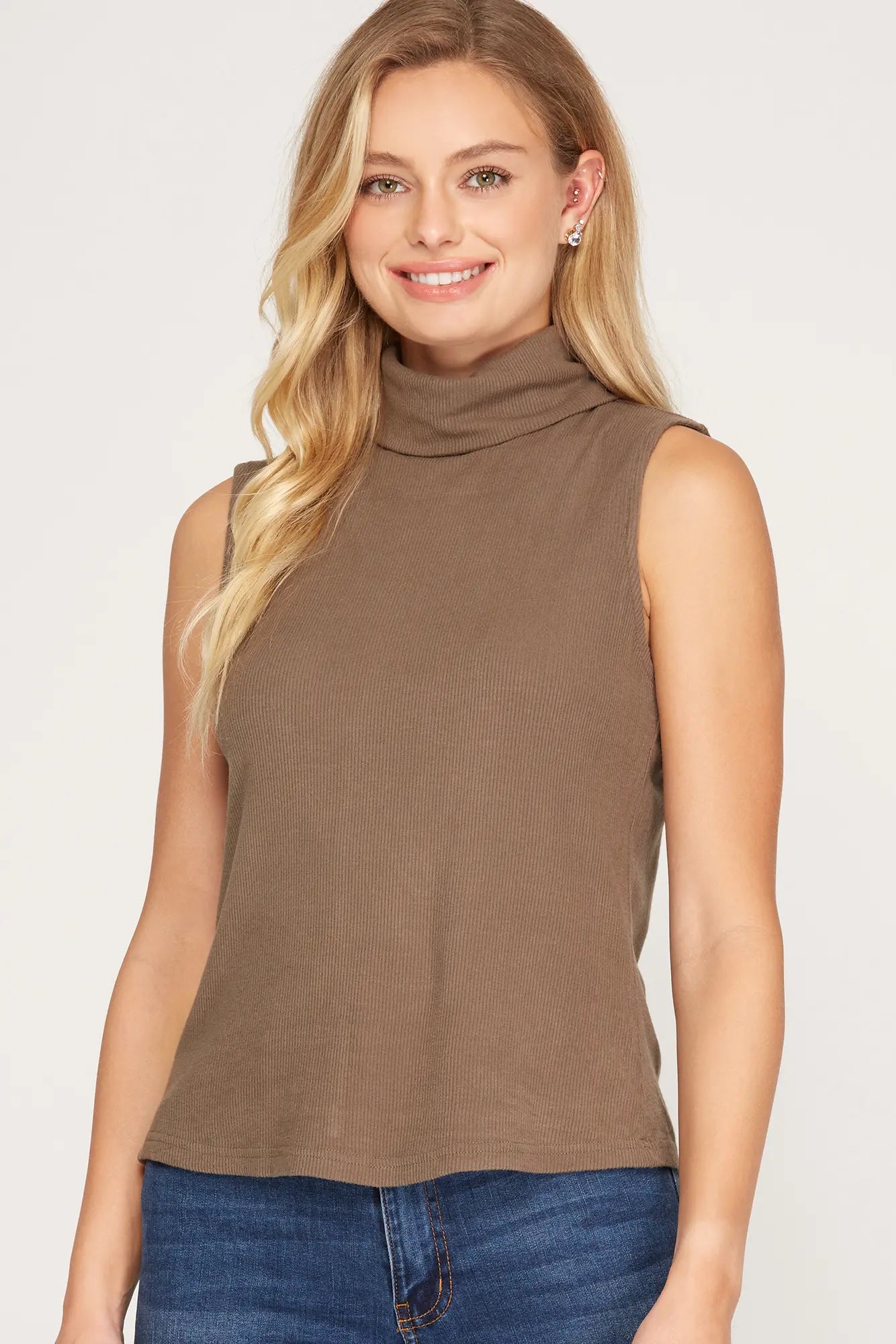 Sleeveless Ribbed Mock Neck Top