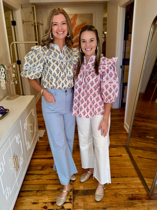 Puff Half Sleeve Woven Floral Contrast Piping Top