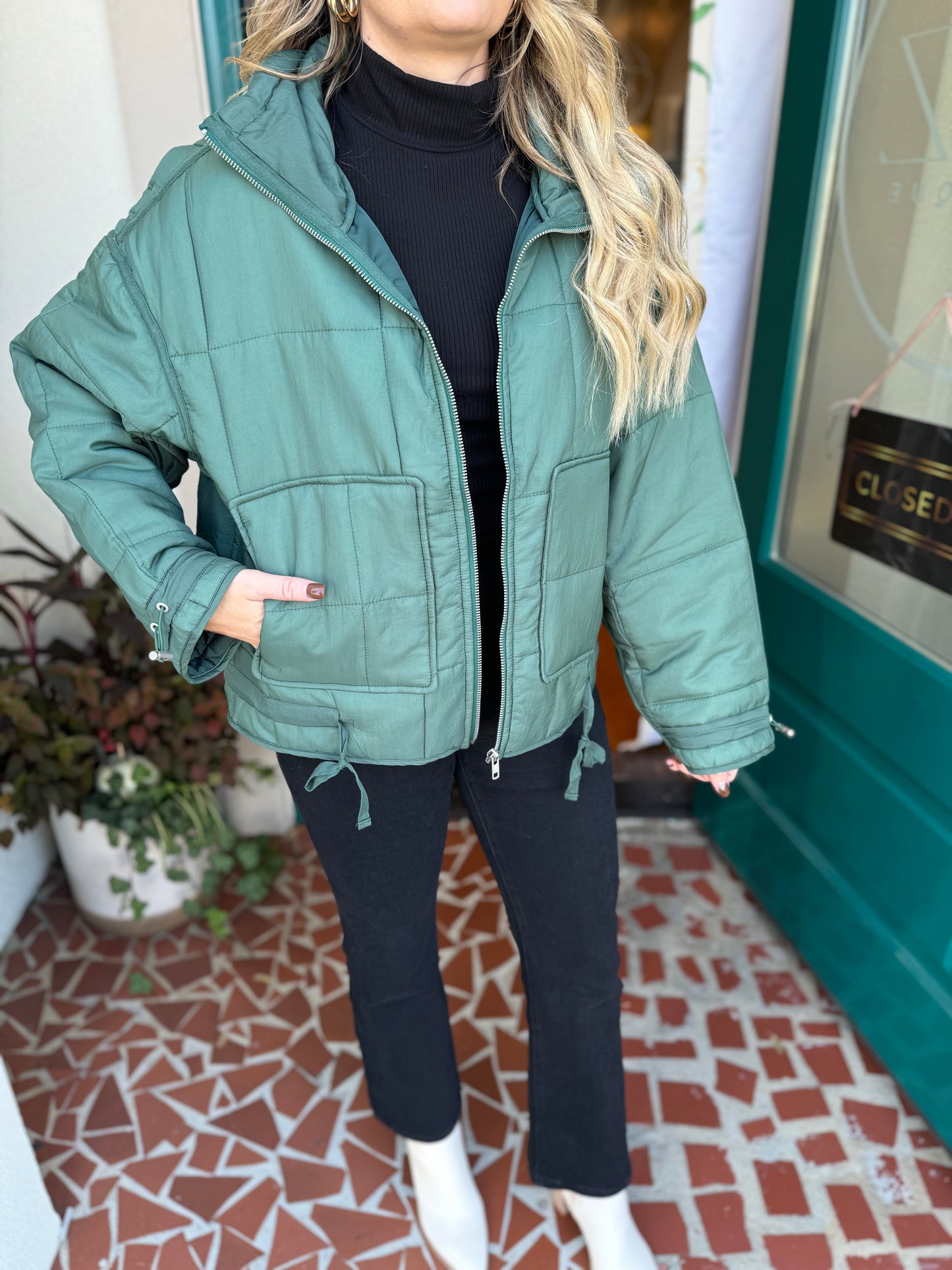 Green Quilted Zip Up Jacket