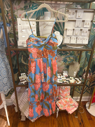 Floral Print Pleated Tiered Dress