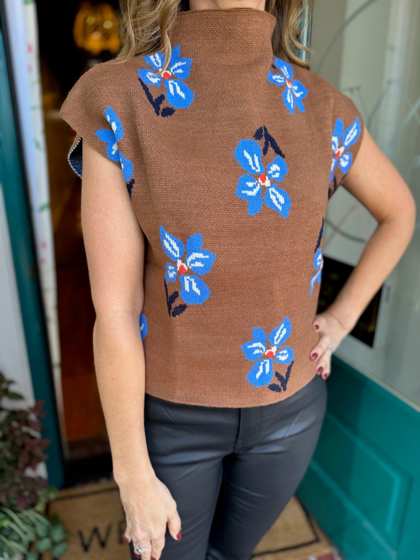 Brown Floral Cap Sleeve Sweater- THML