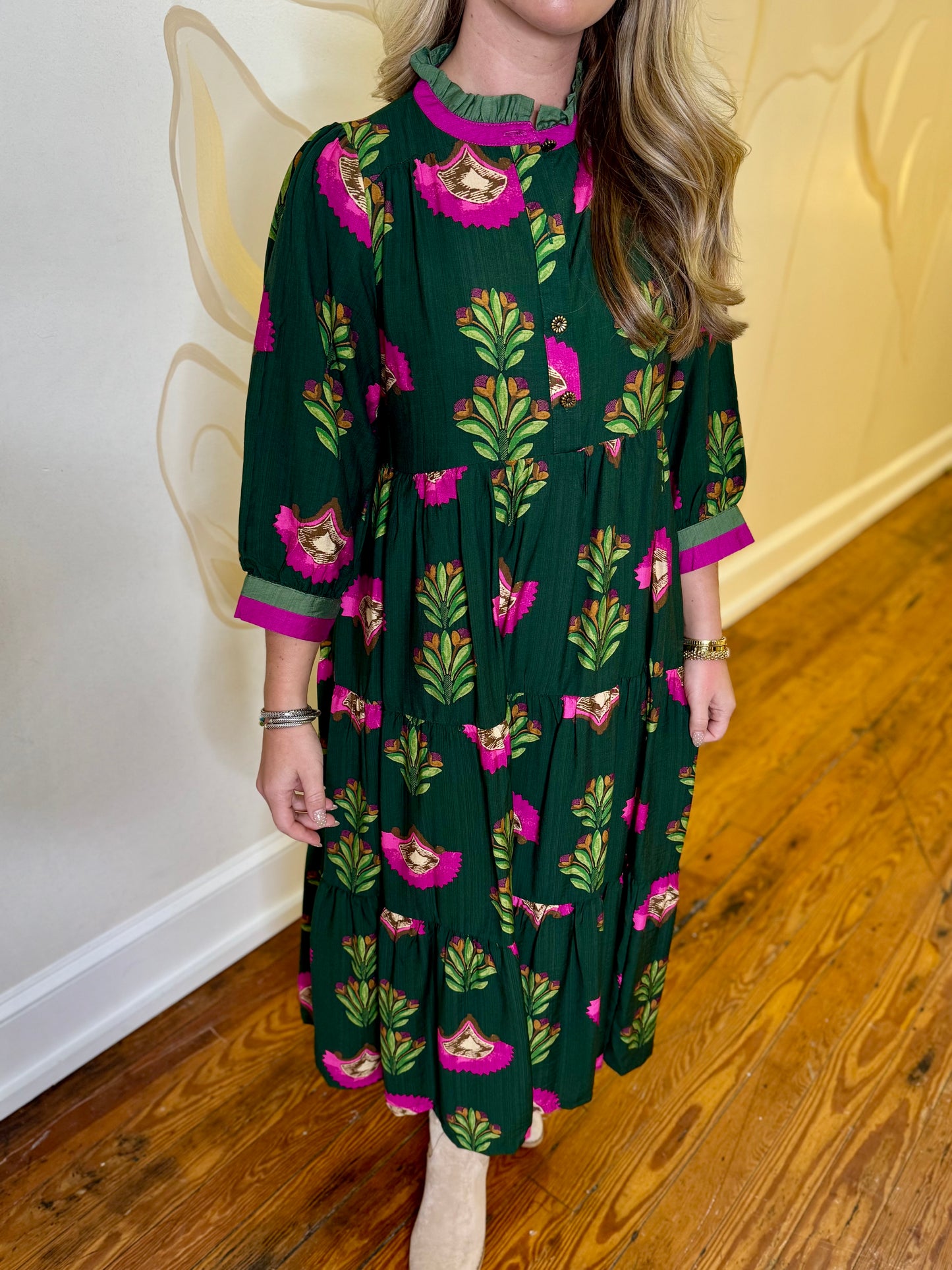 Forest Green Floral Print Tiered Midi Dress