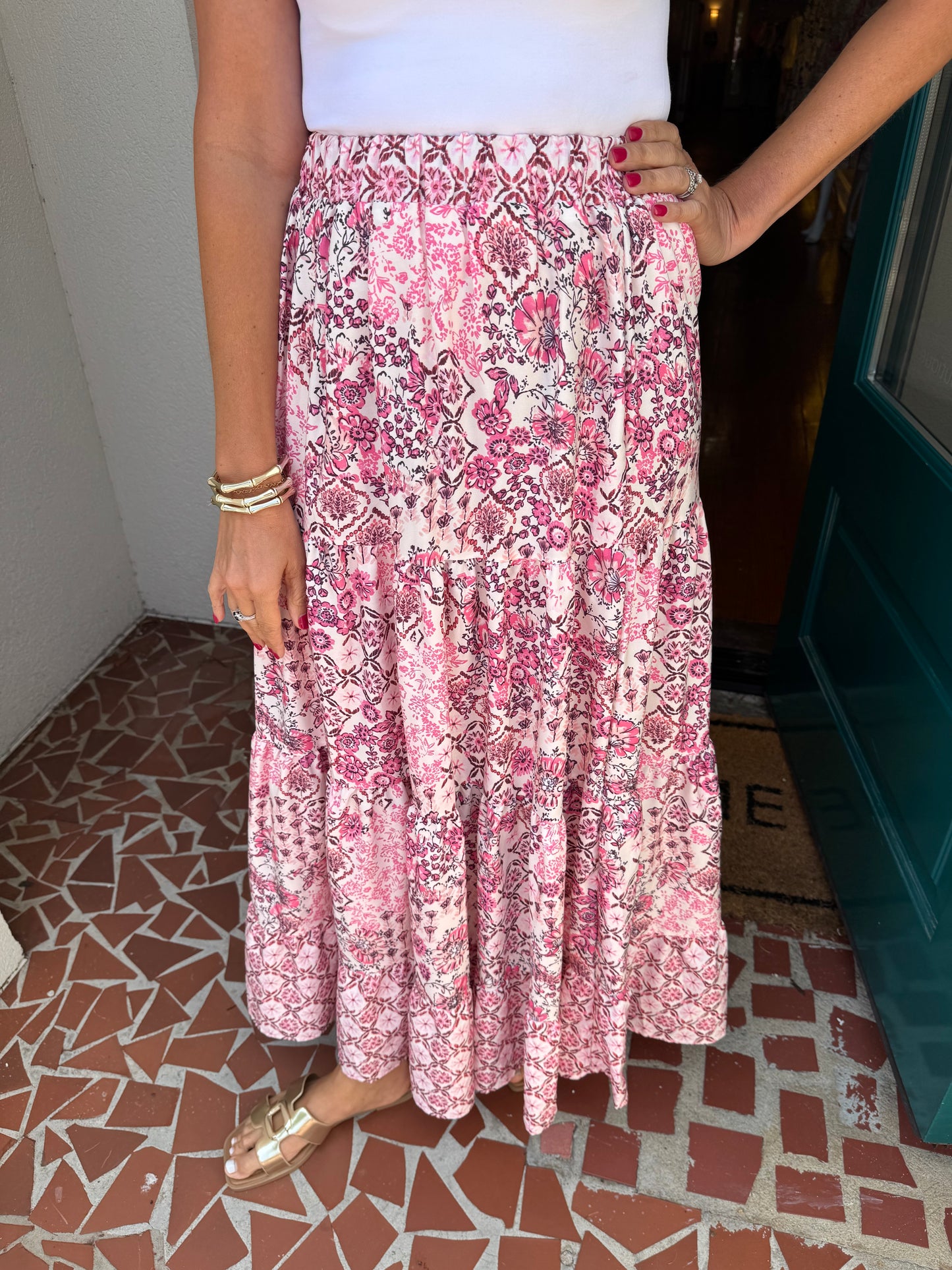 Pink Floral Print A-line Midi Skirt