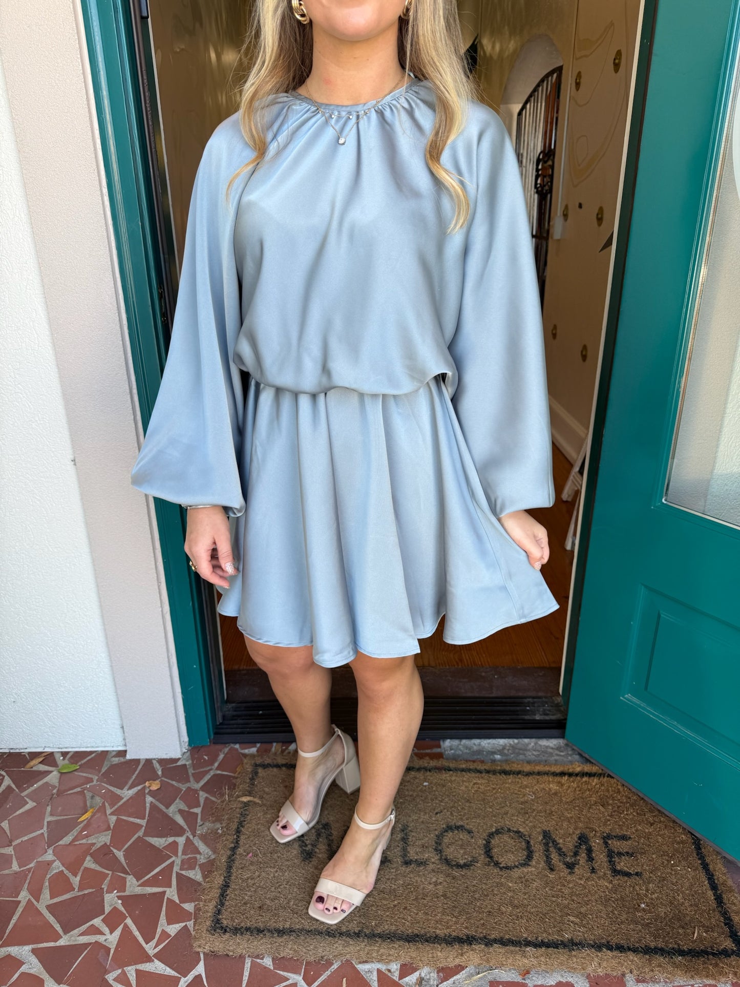 Dusty Blue Long Sleeve Flowing Dress