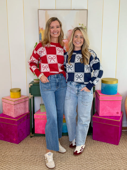 Checkered Bow Jacquard Crewneck Knit Sweater