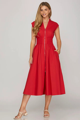 Red Zipper Front Midi Dress