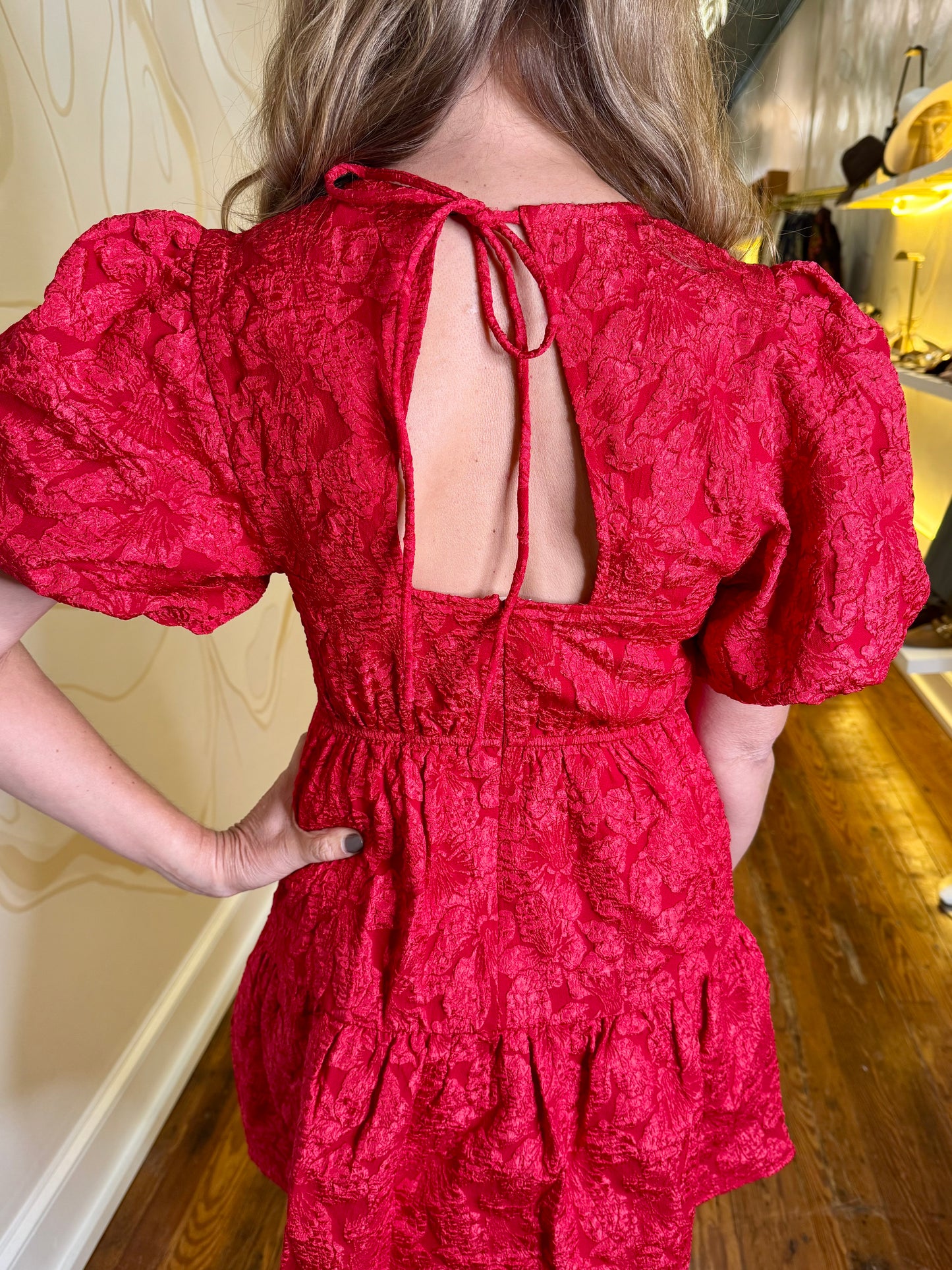 Red Russa May Floral Jacquard Tiered Dress