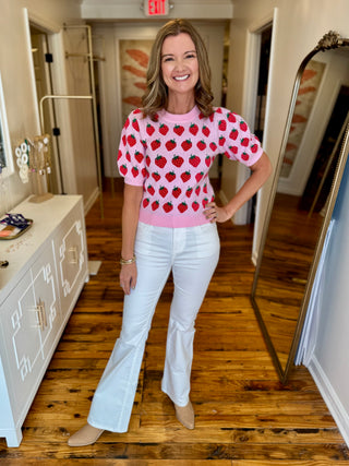 Strawberry Patterned Knit Short Sleeve Sweater