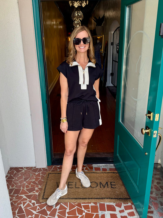 Solid Contrast Accent Zip-Front Pullover Shorts Set