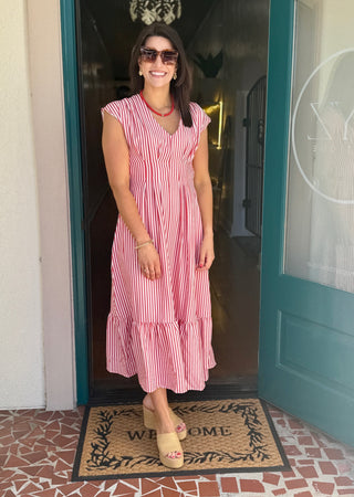 Pleated Back Smocked Waist Stripe Woven Maxi Dress