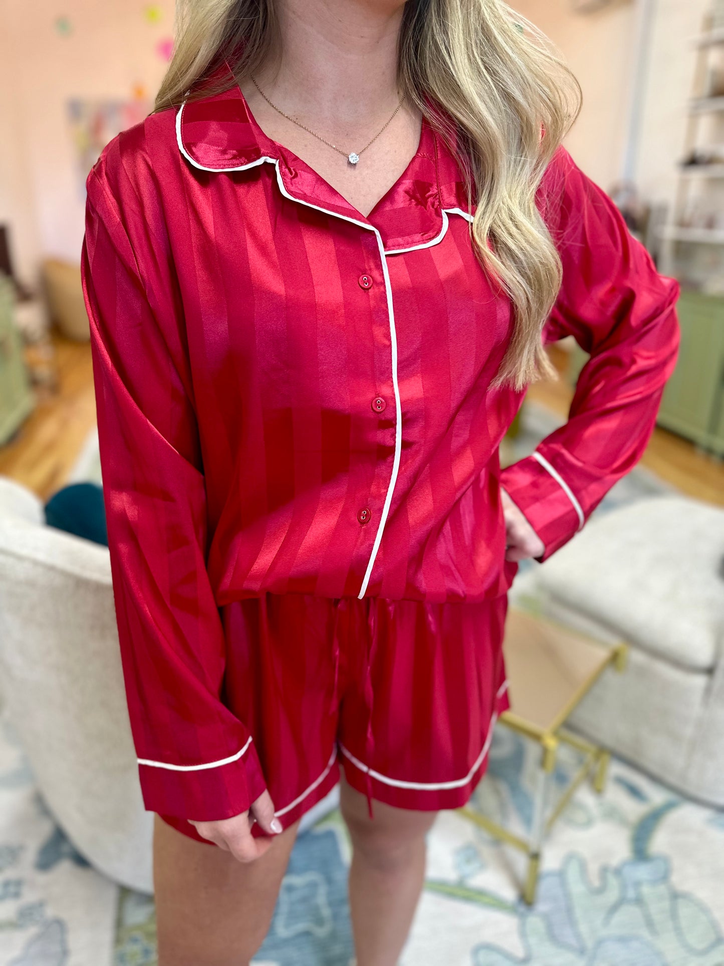 Satin Striped Long Sleeve Shorts Set Pajamas