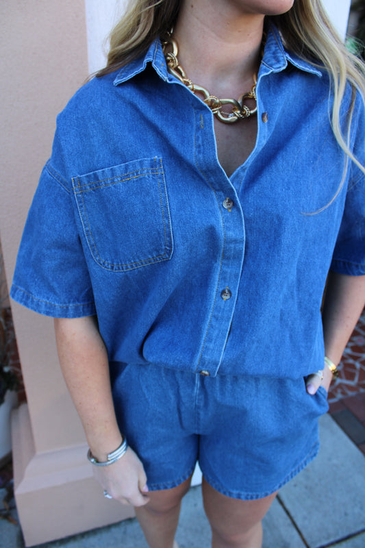Denim Button Down Shorts Set