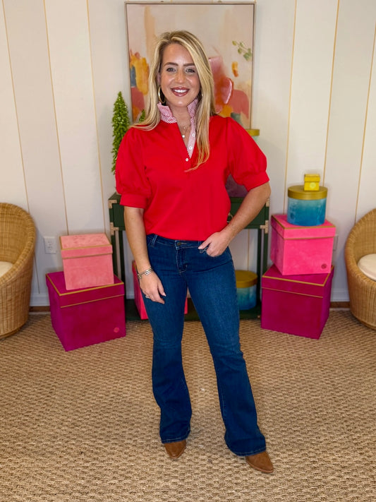 Red Short Sleeve Striped Collar Top