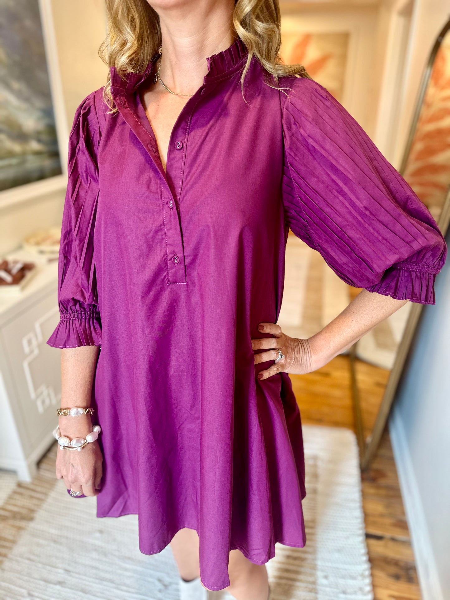 Plum Half Sleeve Button Detail Dress