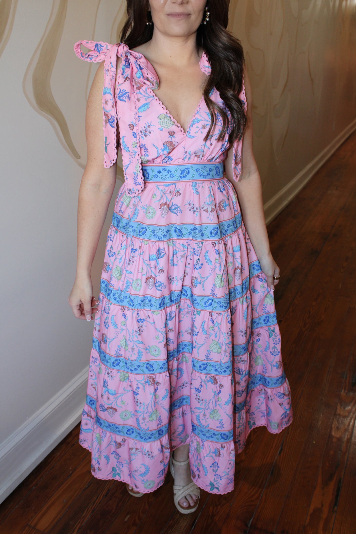 Floral Pink Tiered Maxi With Shoulder Ties