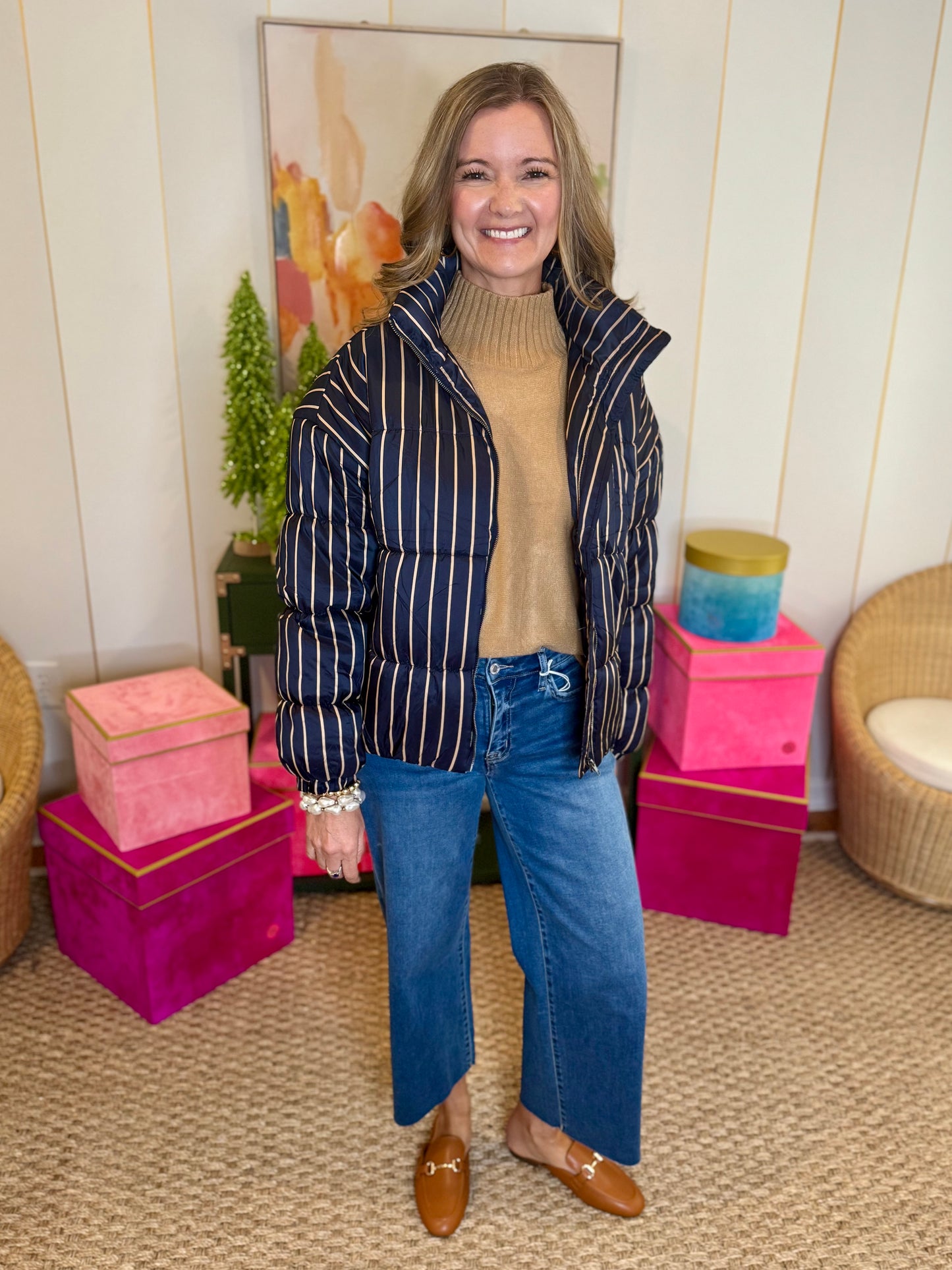 Striped High Neck Puffer Jacket