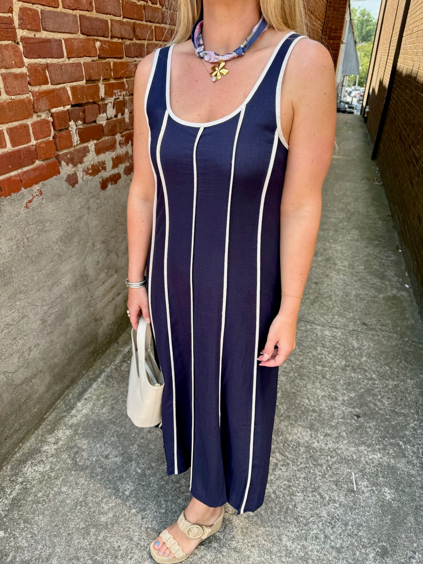 Navy Linen Trim Detail Midi Dress-THML