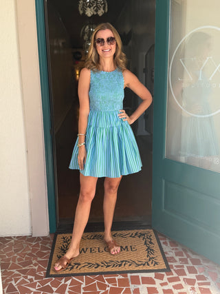 Blue and Green Smocked Bodice Dress