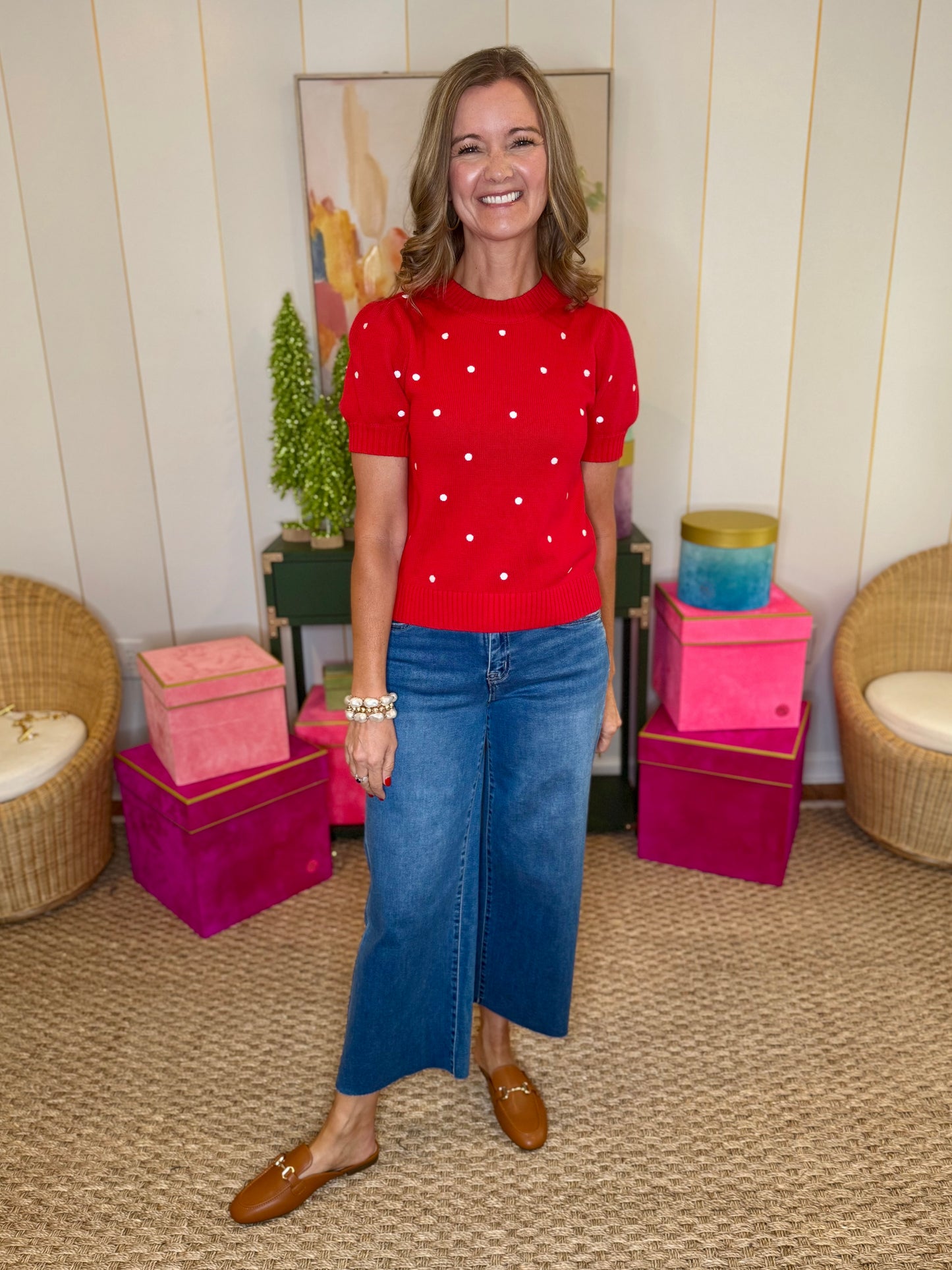 Red Polka Dot Short Sleeve Top