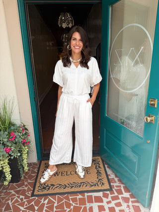 Elastic Band Drawstring Stripe Wide Leg Pants