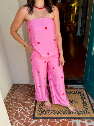 Polka Dot Strapless Top Pants Set