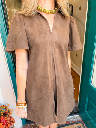 Brown Faux Suede Pleated Dress