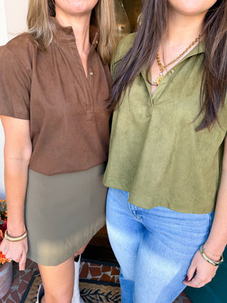 Faux Suede Stand Collar Short Sleeve Shirt
