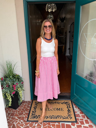 Striped Elastic Waist Midi Skirt-Saturday Steal