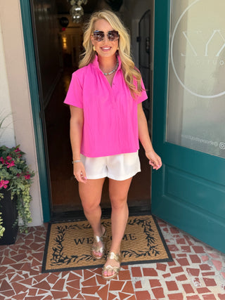 Pink Stand Collar Short Sleeve Shirt