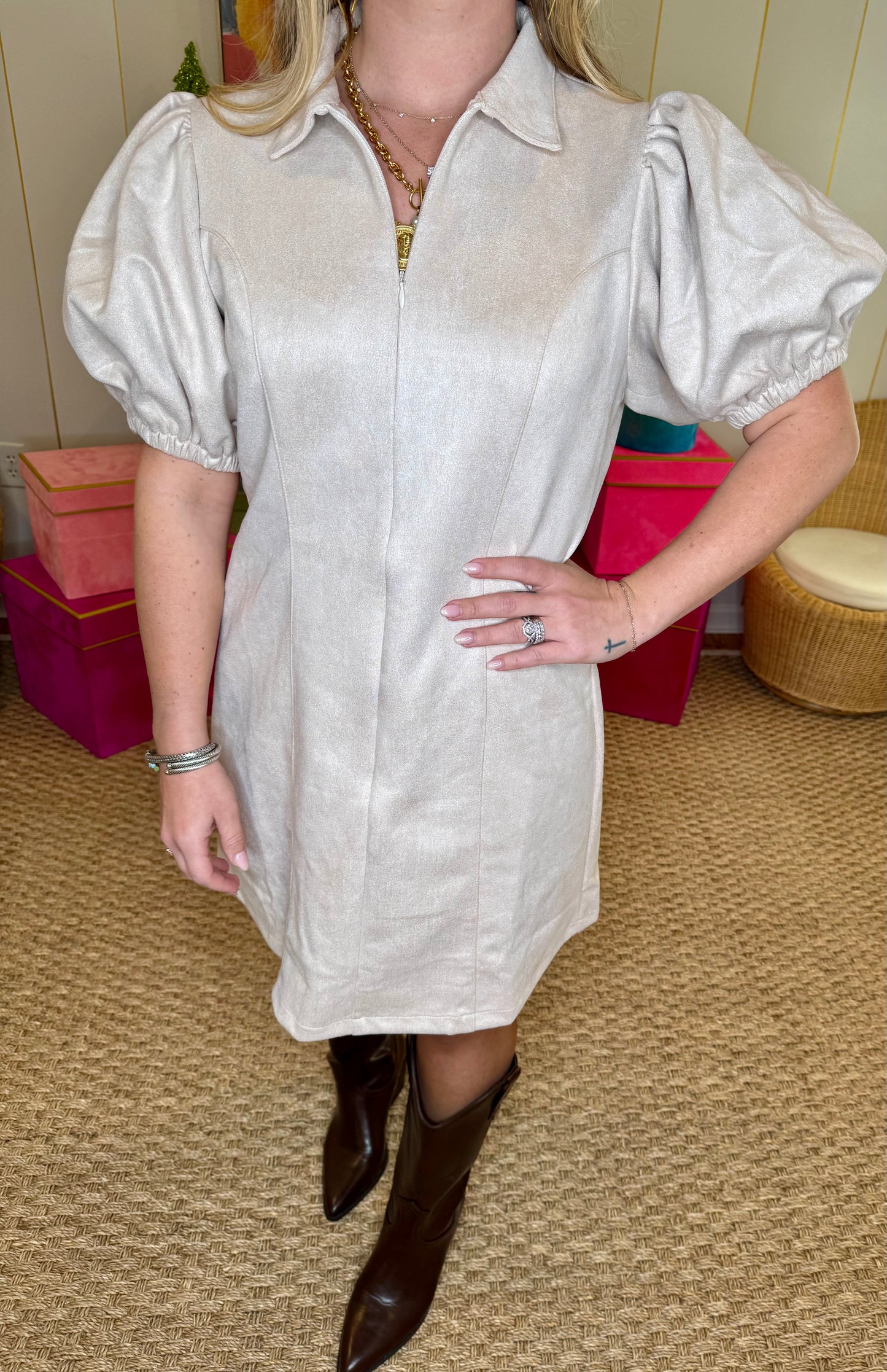 Beige Short Sleeve Suede Dress