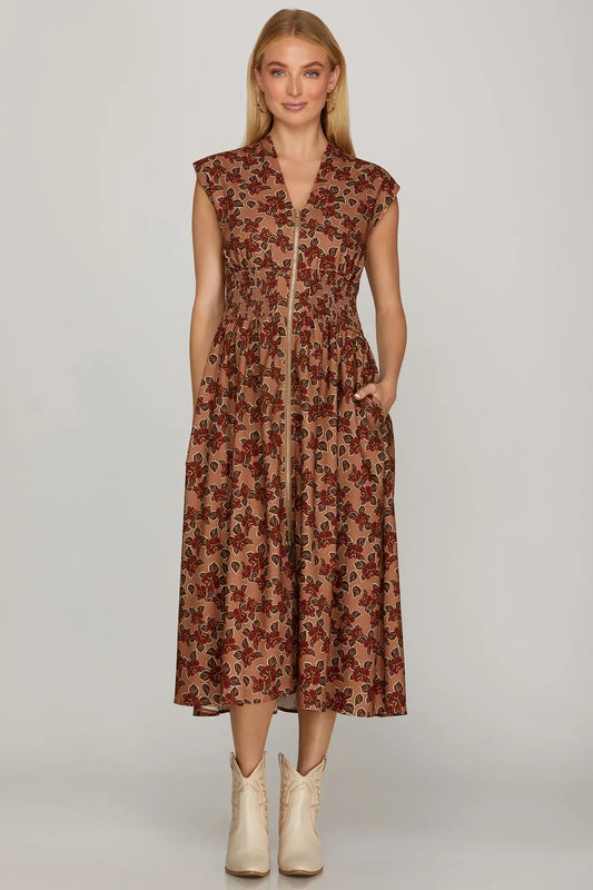 DROP SHOULDER FRONT ZIP PRINTED MIDI DRESS
