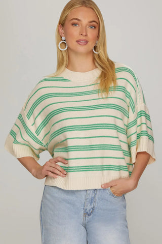 Green Stripe Drop Sleeve Sweater