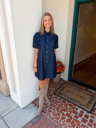 Dark Denim Short Sleeve Bow Dress