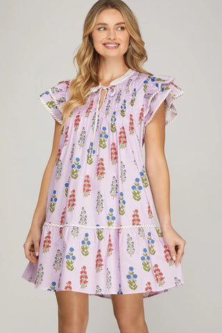 Lilac Floral Stripe Detail Dress