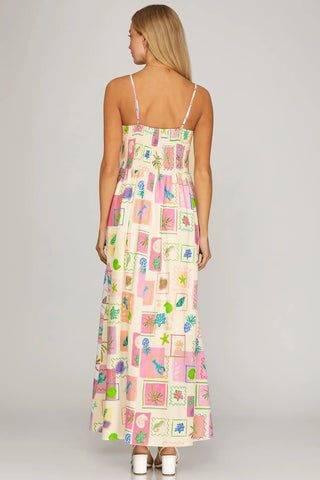 Sea Stamp Print Sleeveless Dress