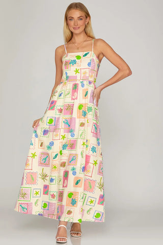 Sea Stamp Print Sleeveless Dress