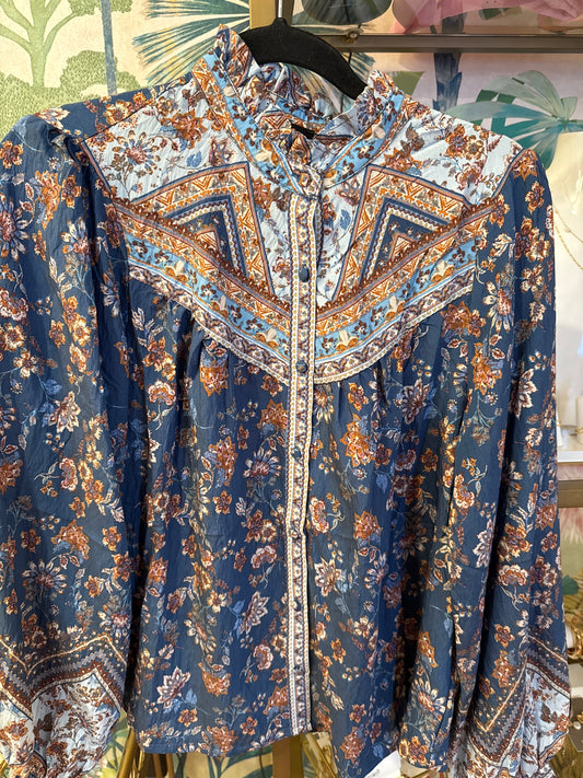 Blue Border Print Ruffled High Neck Top