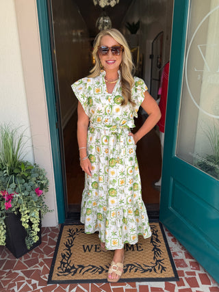 Printed Flutter Sleeve Midi Dress
