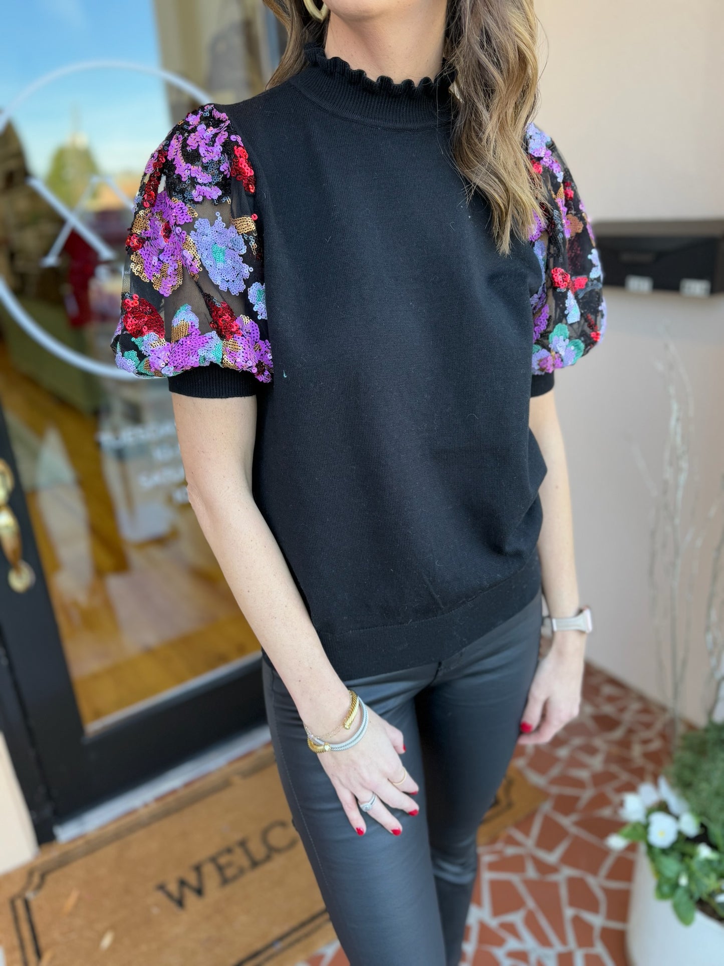 Black Knit Sequin Sleeve Top