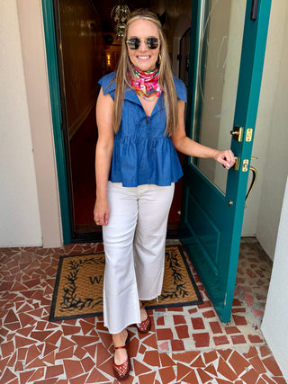 Denim Collared Wide Peplum Top