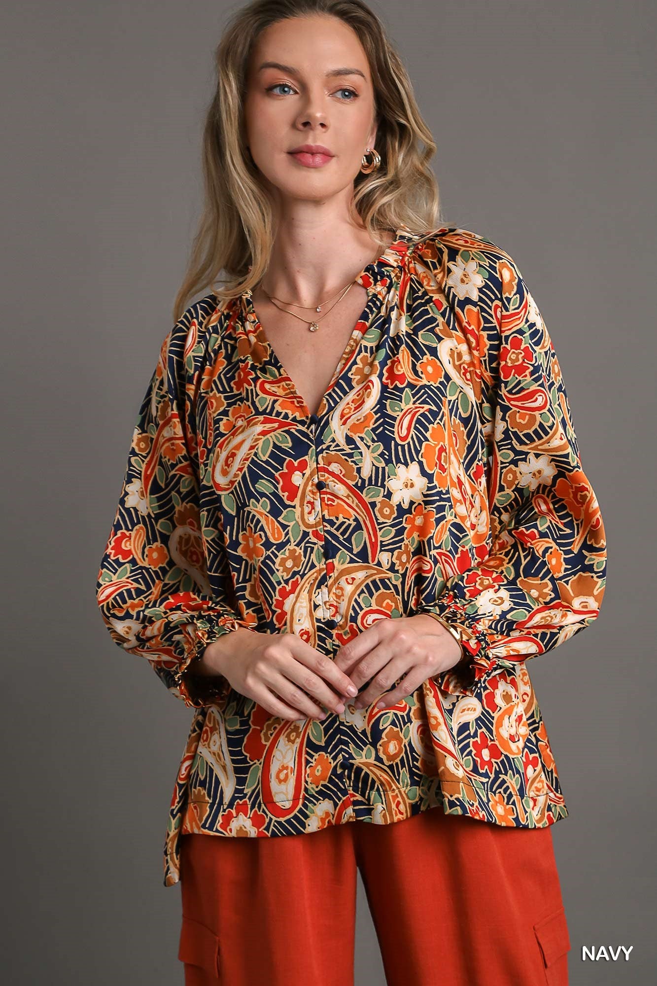 Satin Paisley Ruffle Neck Tie Blouse
