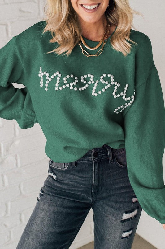 Pearl Embellished Merry Sweater