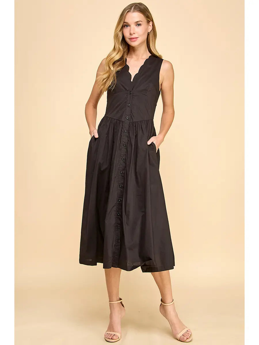 Scalloped Neckline Button Up Dress