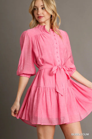 Pink Button Down Dress with Tie