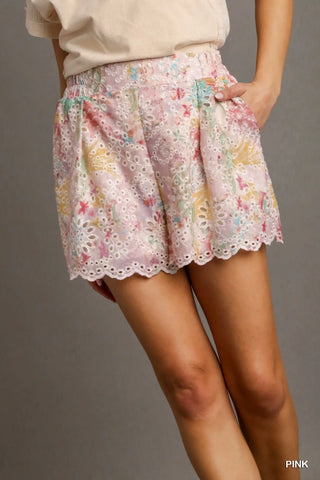 Multi-Colored Eyelet Button Down Shorts